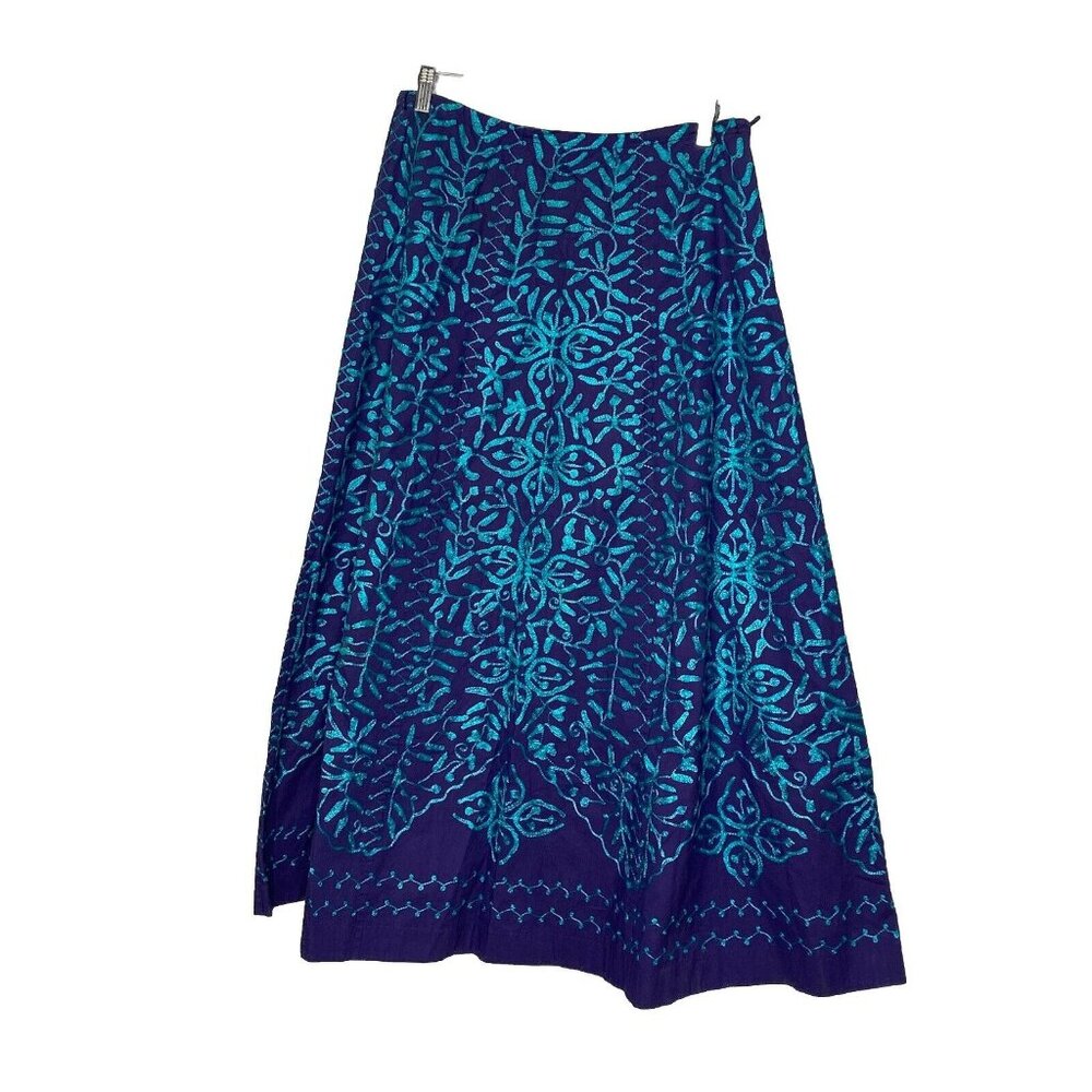 Soft Surroundings Women’s long Skirt Purple blue embroidered floral asian sz MT